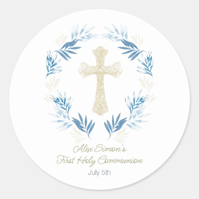 Elegant Blue Gold First Holy Communion Runder Aufkleber (Vorderseite)