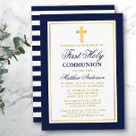 Elegant Blue Gold First Holy Communion Striping Einladung<br><div class="desc">Elegant Blau und Gold Erste Heilige Kommunion Einladung mit Kreuz. Zurück gestreift.</div>