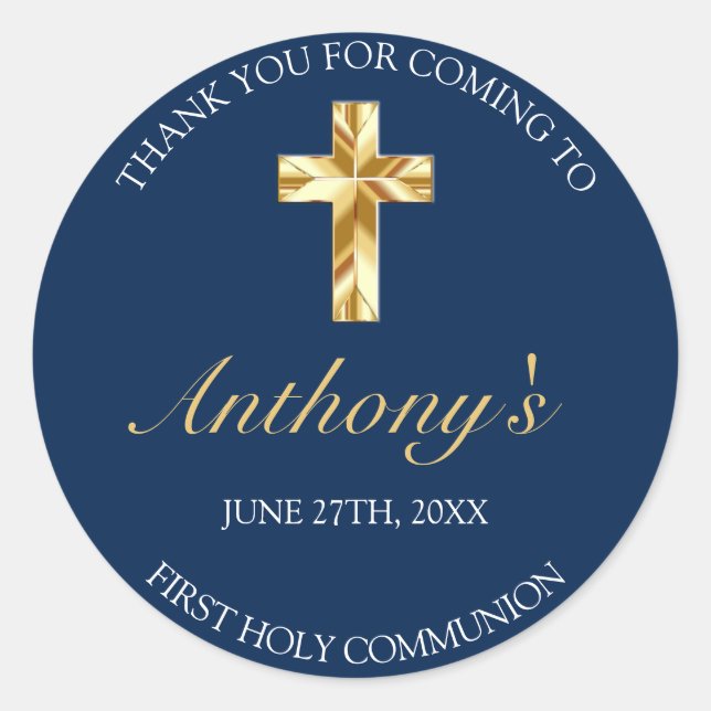Elegant Blue Gold First Holy Communion Vielen Dank Runder Aufkleber (Vorderseite)