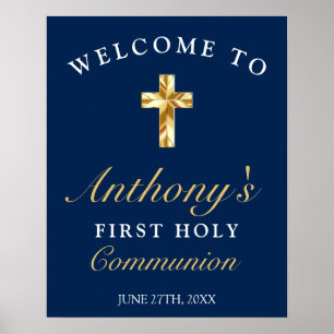 Elegant Blue Gold First Holy Community Willkommen Poster