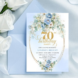 Elegant Blue Gold Floral 70th Birthday Invitation Einladung