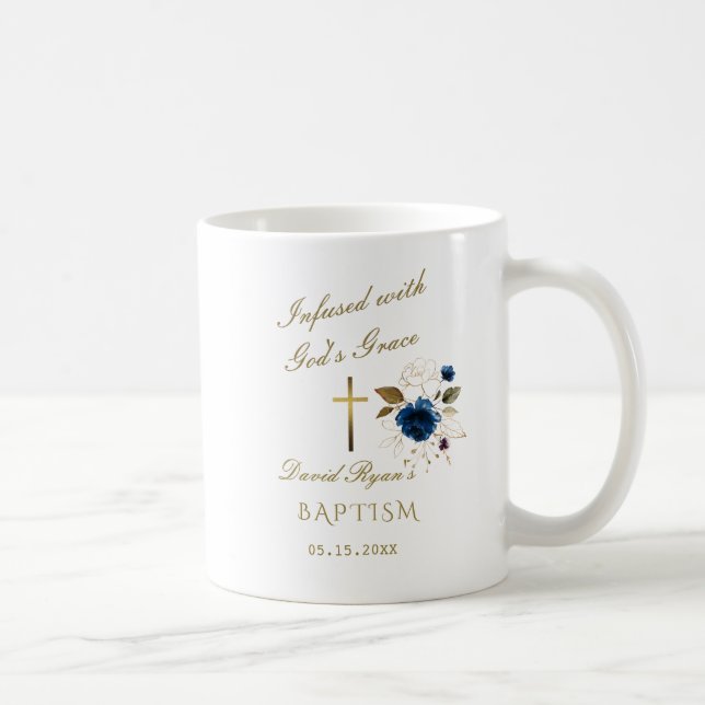 Elegant Blue Gold Floral Calligraphy Boy Baptisse Kaffeetasse (Rechts)
