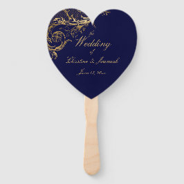 Elegant Blue Gold Floral Damask Script Hochzeit Fächer