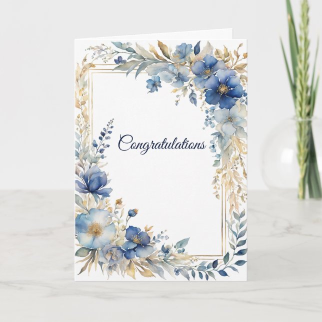 Elegant Blue Gold Floral Hochzeitsgratulation Karte (Vorderseite)