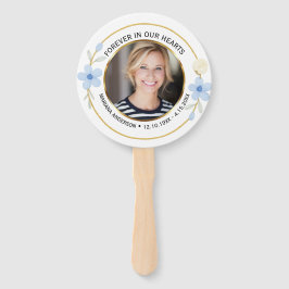 Elegant Blue & Gold Floral Memorial Photo Fächer