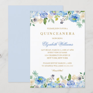 Elegant Blue Gold Floral Quinceanera Einladung