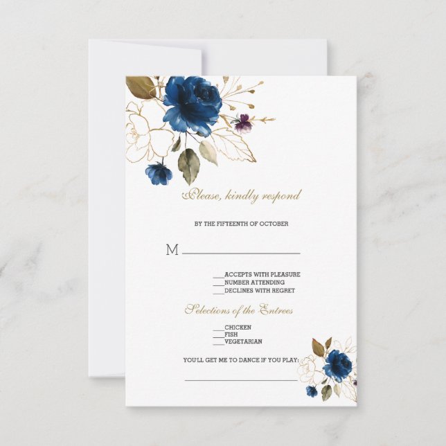 Elegant Blue Gold Floral Song Anfrage Hochzeit RSVP Karte (Vorderseite)