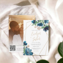 Elegant blue gold Floral Watercolor QR Wedding