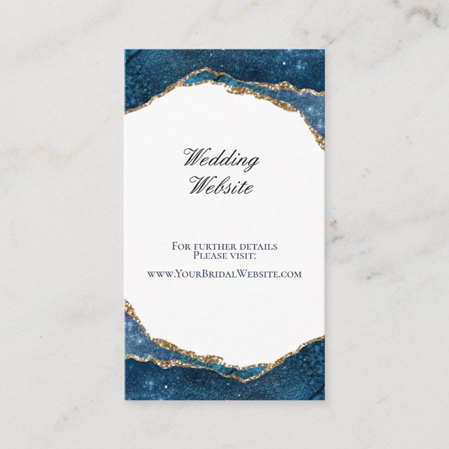Elegant Blue Gold Foil Agate Wedding Website Begleitkarte (Vorderseite)