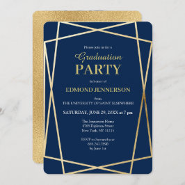 Elegant Blue Gold Geometric 2025 Graduation Party Einladung