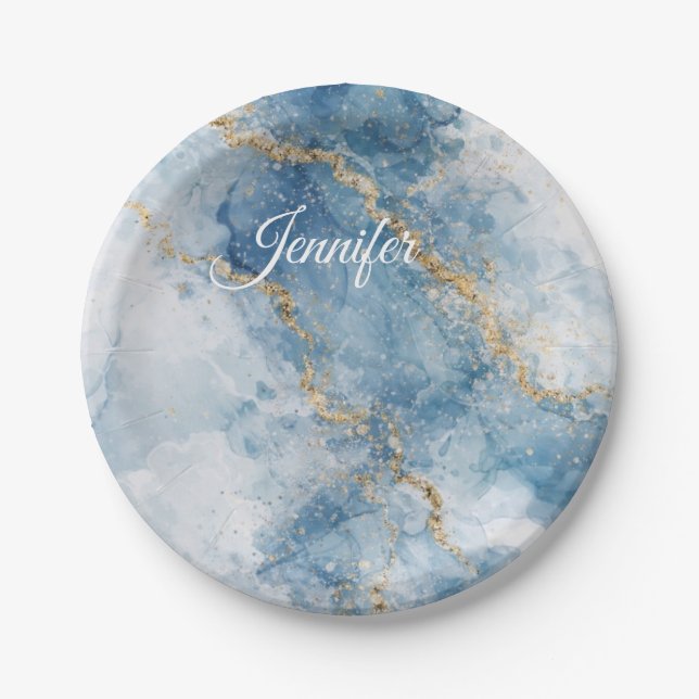 Elegant Blue Gold Glitter Abstract Flow            Pappteller (Vorderseite)
