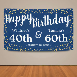 Elegant Blue Gold Glitzer Joint Adult Birthday Banner