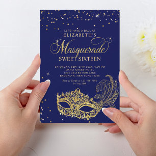 Elegant Blue Gold Glitzer Masquerade Sweet 16 Einladung