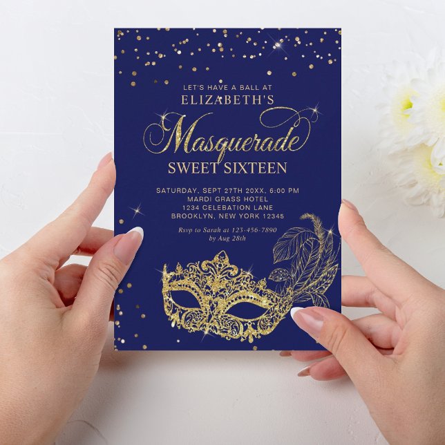 Elegant Blue Gold Glitzer Masquerade Sweet 16 Einladung (Von Creator hochgeladen)