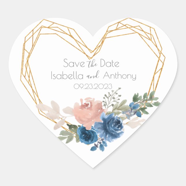 Elegant Blue Gold Heart Floral Name Datum Hochzeit Herz-Aufkleber (Vorderseite)