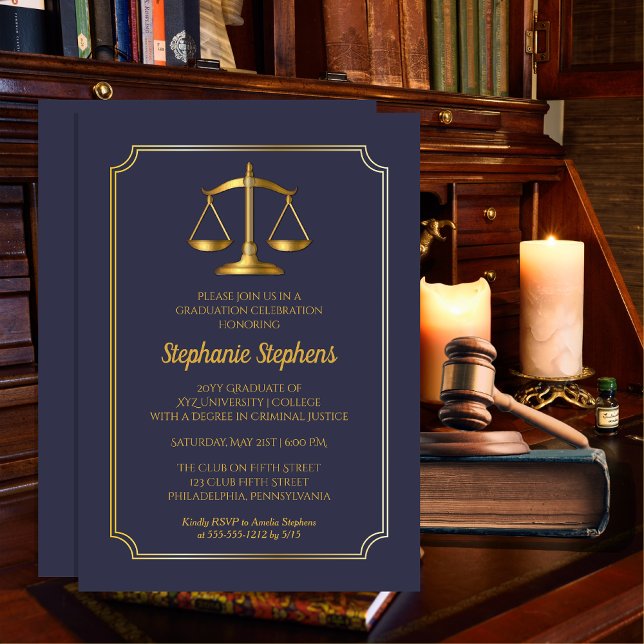 Elegant Blue | Gold Law Attorney Graduation Party Einladung (Elegant Blue and Gold Tone Legal Law Lawyer | Attorney Graduation Party Invitation Print | Download)