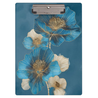 Elegant Blue Gold Line Art Poppy Botanical Klemmbrett