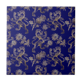 Elegant Blue Gold Lion Floral Fliese