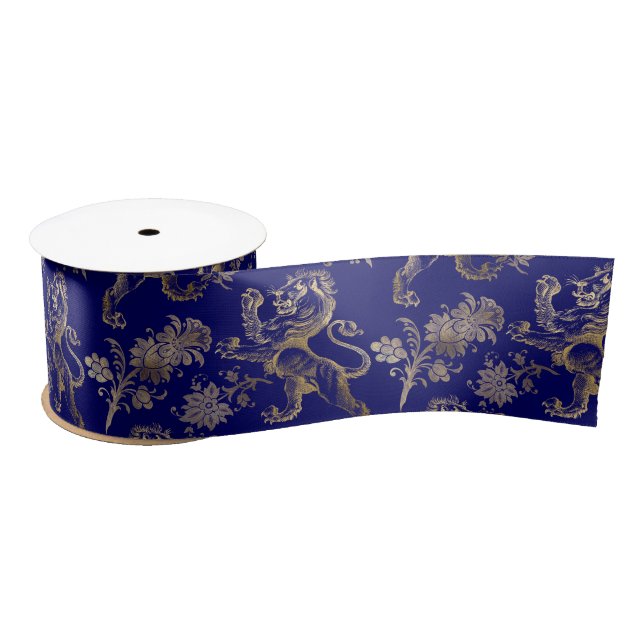 Elegant Blue Gold Lion Floral Satinband (Spule)