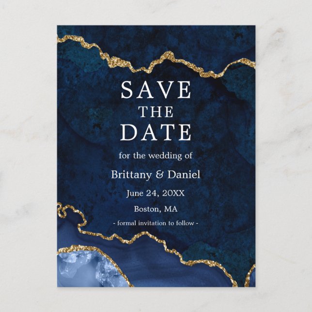 Elegant Blue Gold Marble Geode Save the Date Ankündigungspostkarte (Vorderseite)