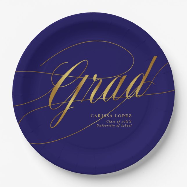 Elegant Blue & Gold Minimalistisch Grad Calligraph Pappteller (Vorderseite)