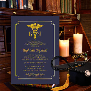 Elegant Blue Gold Nurse BSN Graduation Party Einladung