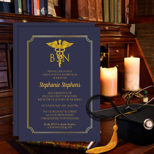 Elegant Blue   Gold Nurse BSN Graduation Party Einladung