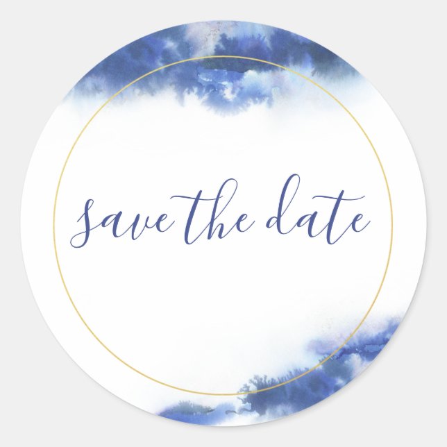 Elegant Blue & Gold Ombre Marble Save the Date Runder Aufkleber (Vorderseite)