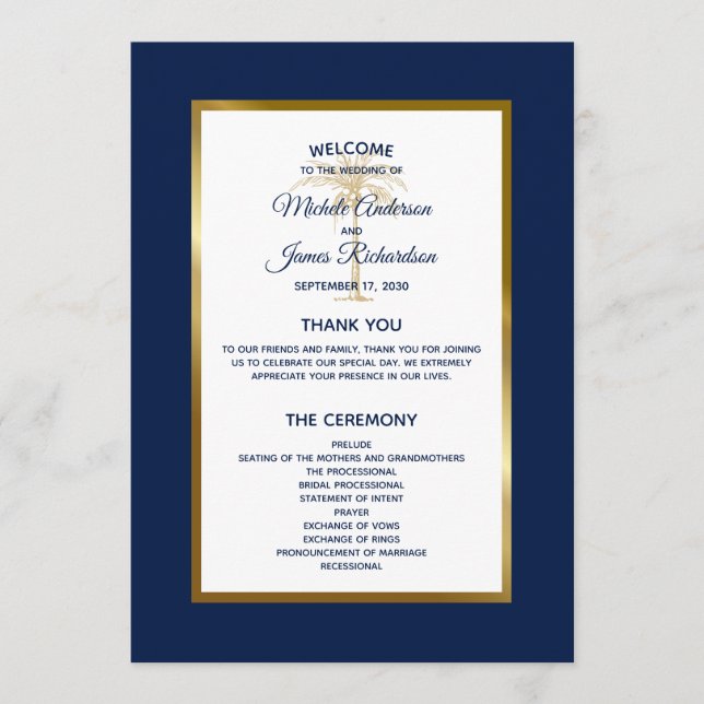 Elegant Blue Gold Palm Tree Tropische Hochzeit Programm (Vorderseite)