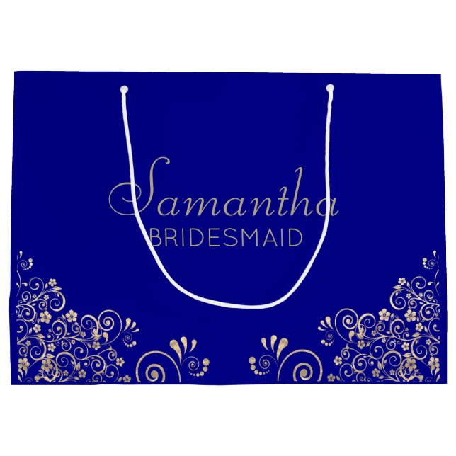 Elegant Blue Gold Personalisiert Bridesmaid Large  Große Geschenktüte (Rückseite)