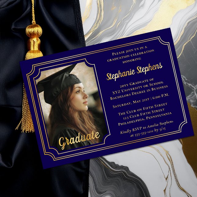 Elegant Blue & Gold Photo Graduation Party  Folieneinladung (Elegant Blue and Gold Foil Graduation Party Invitation with Photo and Scalloped Frame)
