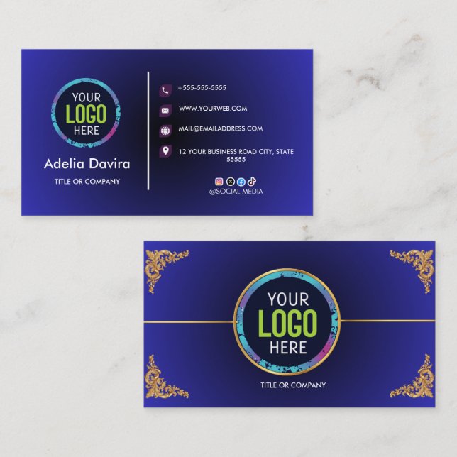 Elegant Blue Gold Professional Business Card Visitenkarte (Vorne/Hinten)