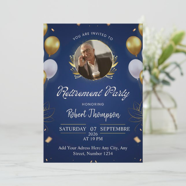 Elegant Blue Gold Retirement Party Invitation Einladung (Stehend Vorderseite)