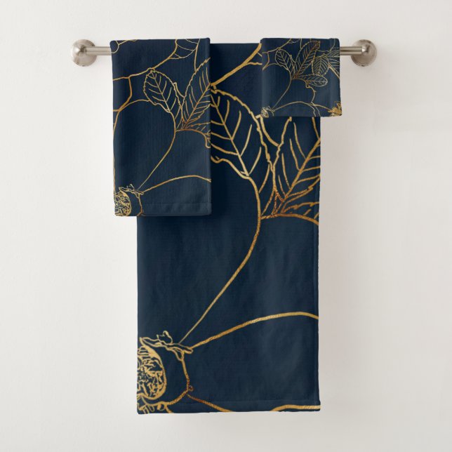 Elegant Blue Gold Rose Bloral Badhandtuch Set (Insitu)