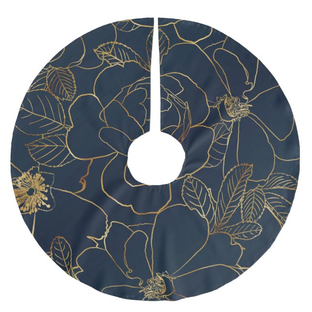 Elegant Blue Gold Rose Bloral Polyester Weihnachtsbaumdecke (Vorderseite)