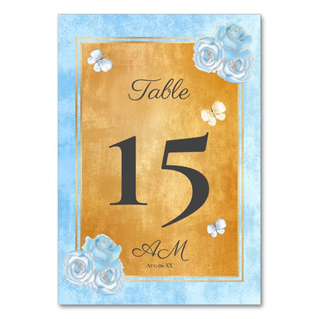 Elegant Blue Gold Rose Schmetterlinge Quinceañera Tischnummer (Vorderseite)