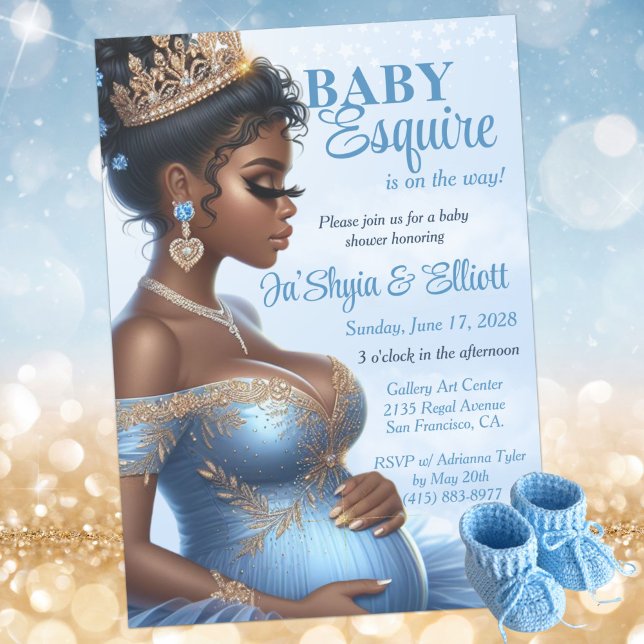 Elegant Blue & Gold Royal Baby Dusche Ethnische Fr Einladung (Pregnant African American Woman Elegant Blue & Gold Royal Baby Shower Invitation )