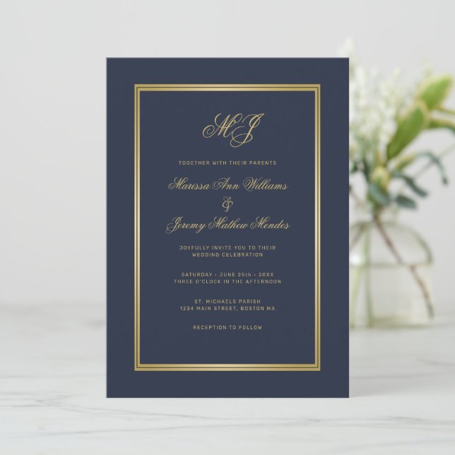 Elegant Blue Gold Script Monogram Wedding Einladung (Stehend Vorderseite)