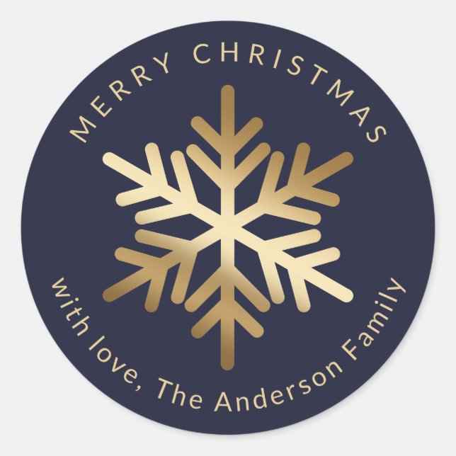 Elegant Blue Gold Snowflake Christmas Runder Aufkleber (Vorderseite)