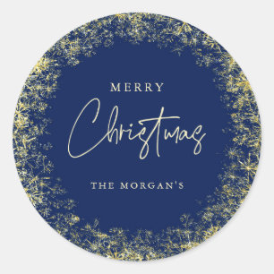 Elegant Blue Gold Snowflakes Frohe Weihnachten Runder Aufkleber