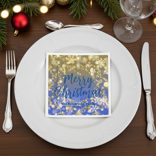 Elegant Blue Gold Snowflakes Frohe Weihnachten Serviette (Von Creator hochgeladen)