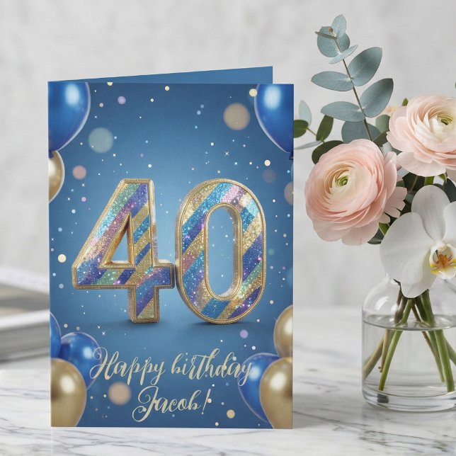 Elegant Blue Gold Sparkly Balloons 40th Birthday Karte (Von Creator hochgeladen)