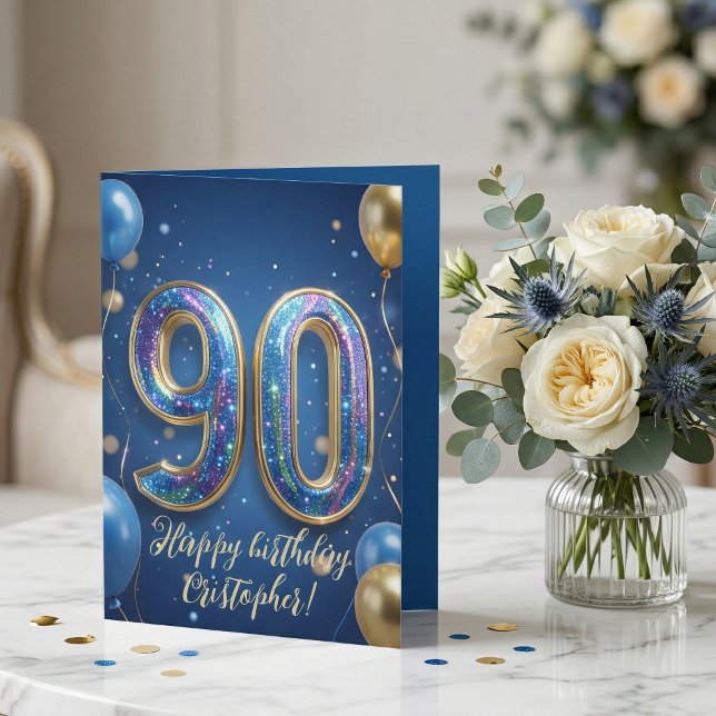 Elegant Blue Gold Sparkly Balloons 70th Birthday Karte (Von Creator hochgeladen)