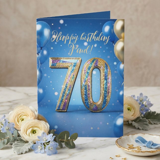 Elegant Blue Gold Sparkly Balloons 70th Birthday Karte (Von Creator hochgeladen)