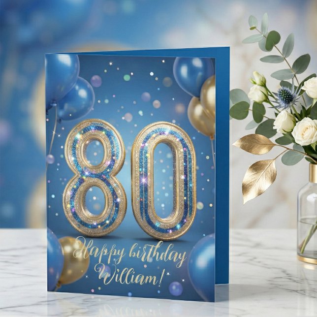 Elegant Blue Gold Sparkly Balloons 80th Birthday Karte (Von Creator hochgeladen)