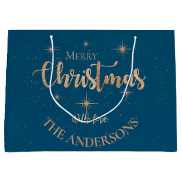 Elegant Blue Gold Stars Name Frohe Weihnachten Große Geschenktüte