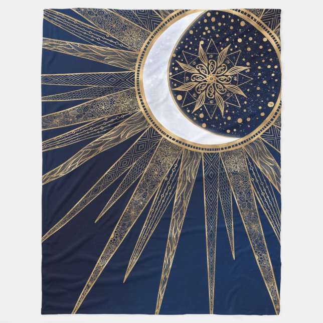 Elegant Blue Gold Sun Moon Mandala Fleecedecke (Vorderseite)