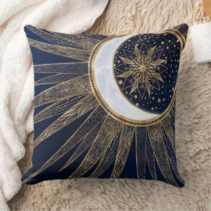 Elegant Blue Gold Sun Moon Mandala Kissen