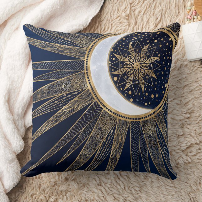 Elegant Blue Gold Sun Moon Mandala Kissen (Decke)
