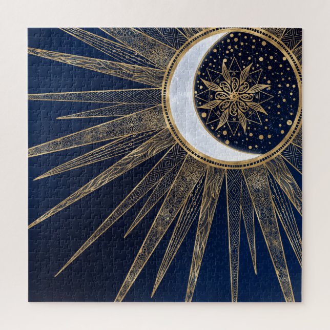 Elegant Blue Gold Sun Moon Mandala Puzzle (Vertikal)